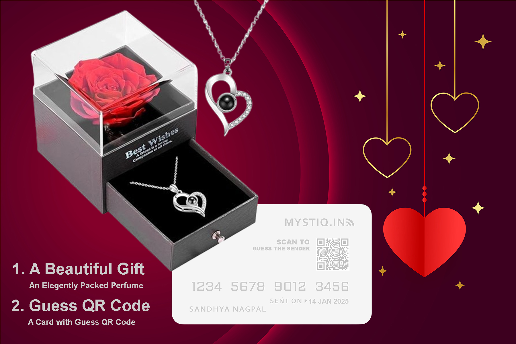 Anniversary Mystery Box With Preserved Rose, Magic Necklace, Your Message and Guessing QR Code (For Girl)
